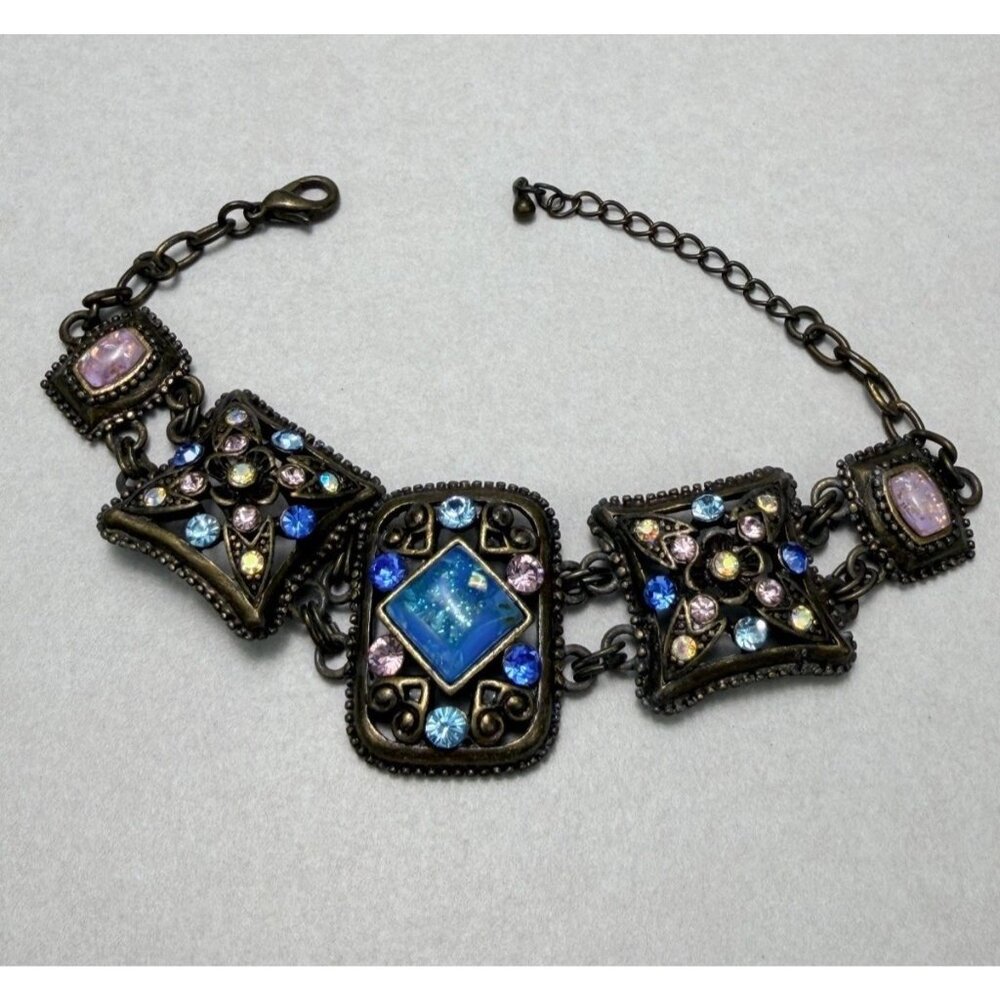 Vintage Rhinestone Opal Glass Bracelet Antique Bronze Tone Statement